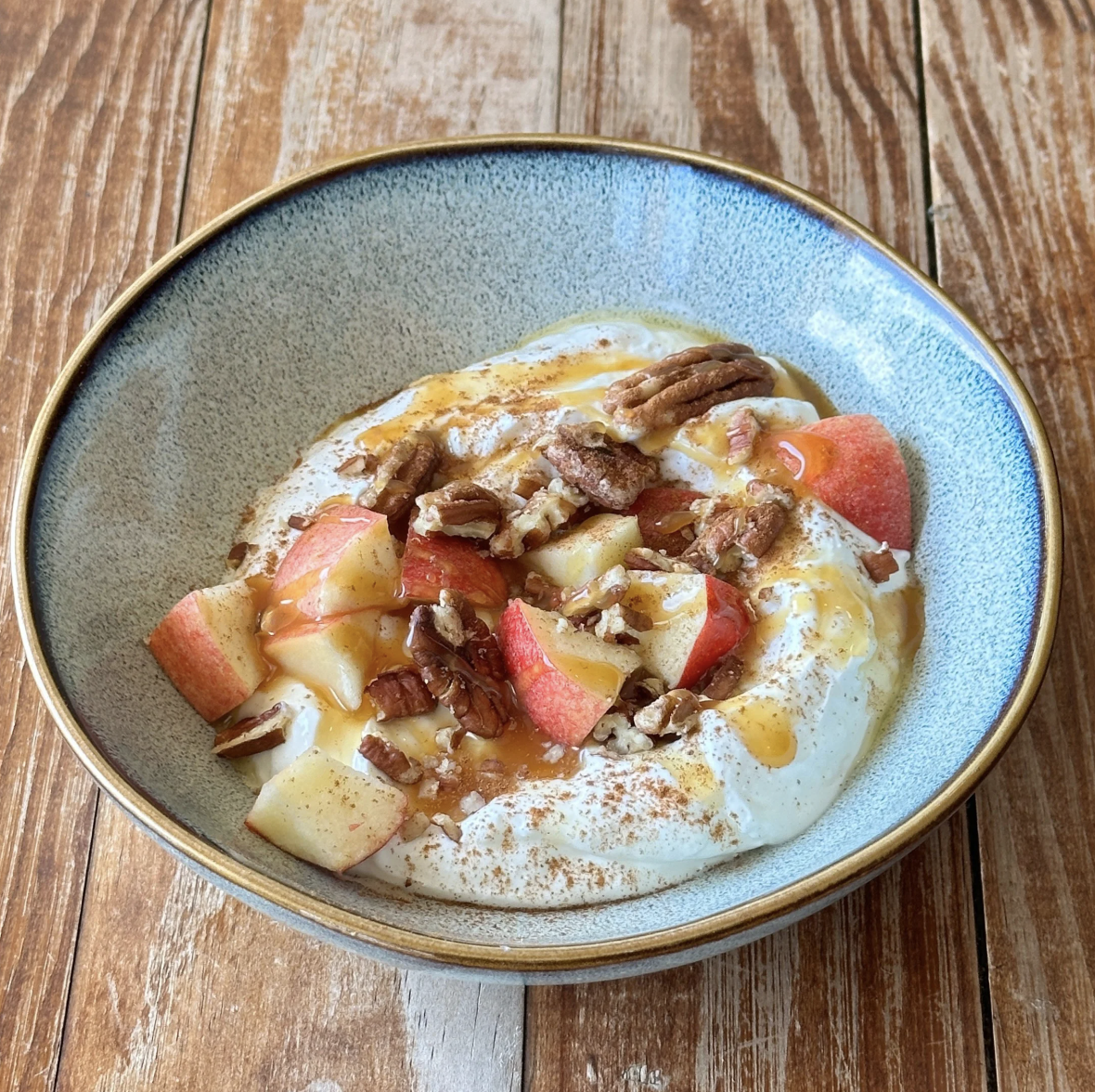 Apple Pecan Yogurt Bowl in a blue bowl